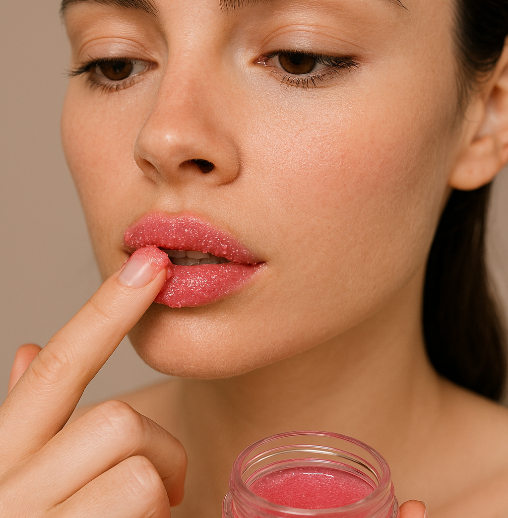 lady applying pink scrub on her lips