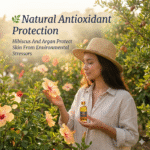 main photo of forming body oil natural with lady picking hibiscus natural antioxidant