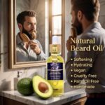 Main Beard Oil image with man brushing his beard after applying natural bear oil by Mell Luxe