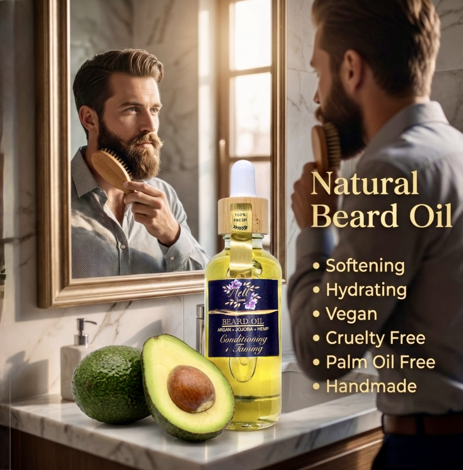 Main Beard Oil image with man brushing his beard after applying natural bear oil by Mell Luxe