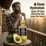 Main Beard Oil image with man brushing his beard after applying natural bear oil by Mell Luxe for deep hydration