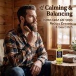 Main Beard Oil image with man brushing his beard after applying natural bear oil by Mell Luxe for calming and balancing beard
