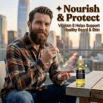 Beard Oil image with man dropping in his palm natural bear oil by Mell Luxe for nourish and protect