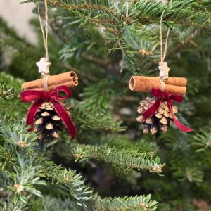 Handcrafted Natural Pinecone Ornaments With Red Ribbons Set of 2