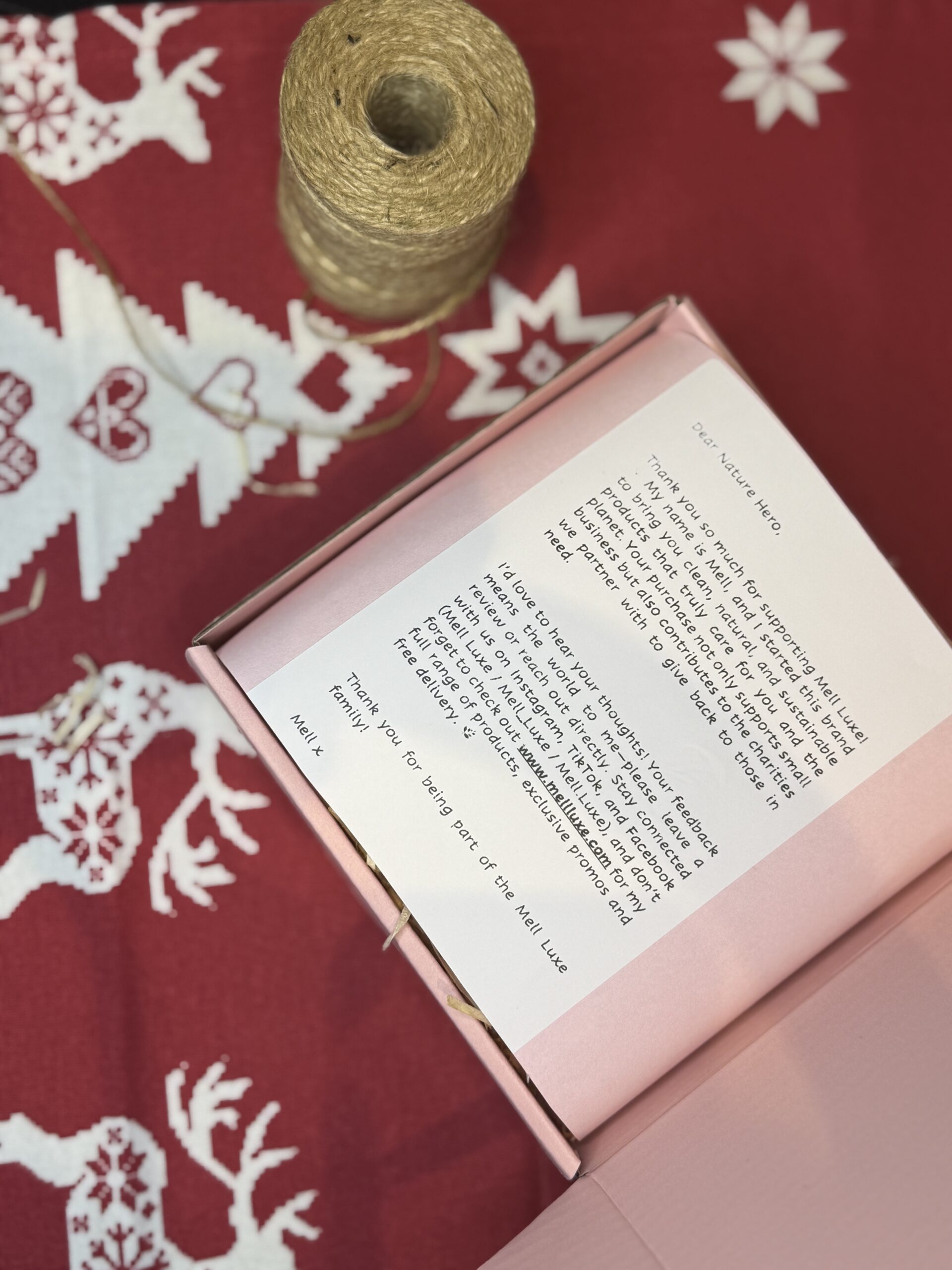opened christmas decor gift box with message from mell luxe